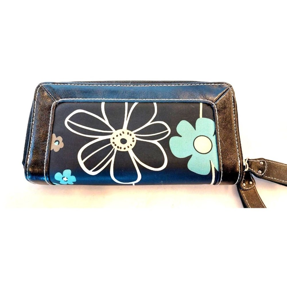 Womens Billfold Wallet Black Floral Unbranded Vinyl Zipper 4"X8"‎ Multi-Sections